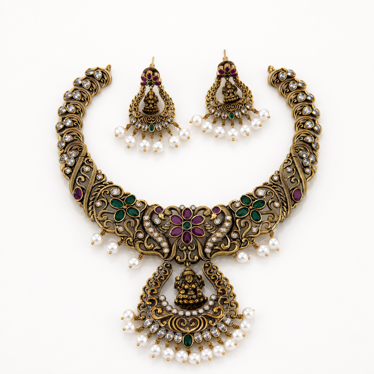 Antique Victorian Floral Lakshmi Necklace Set with Matching Earrings