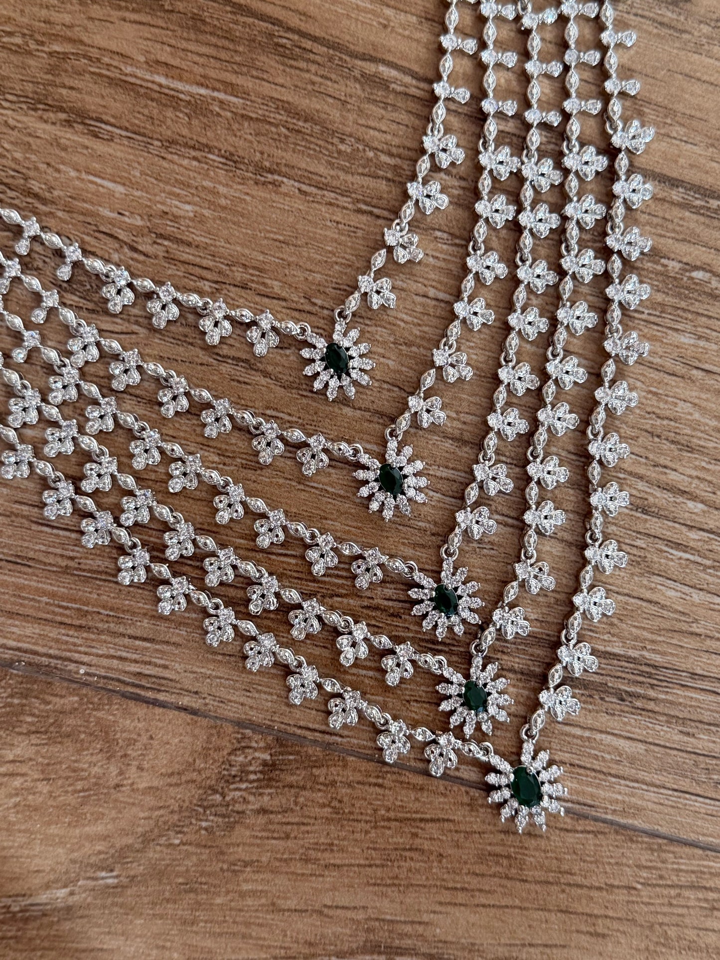 Majestic 5-Layer Emerald & CZ Silver-Finish Necklace Set