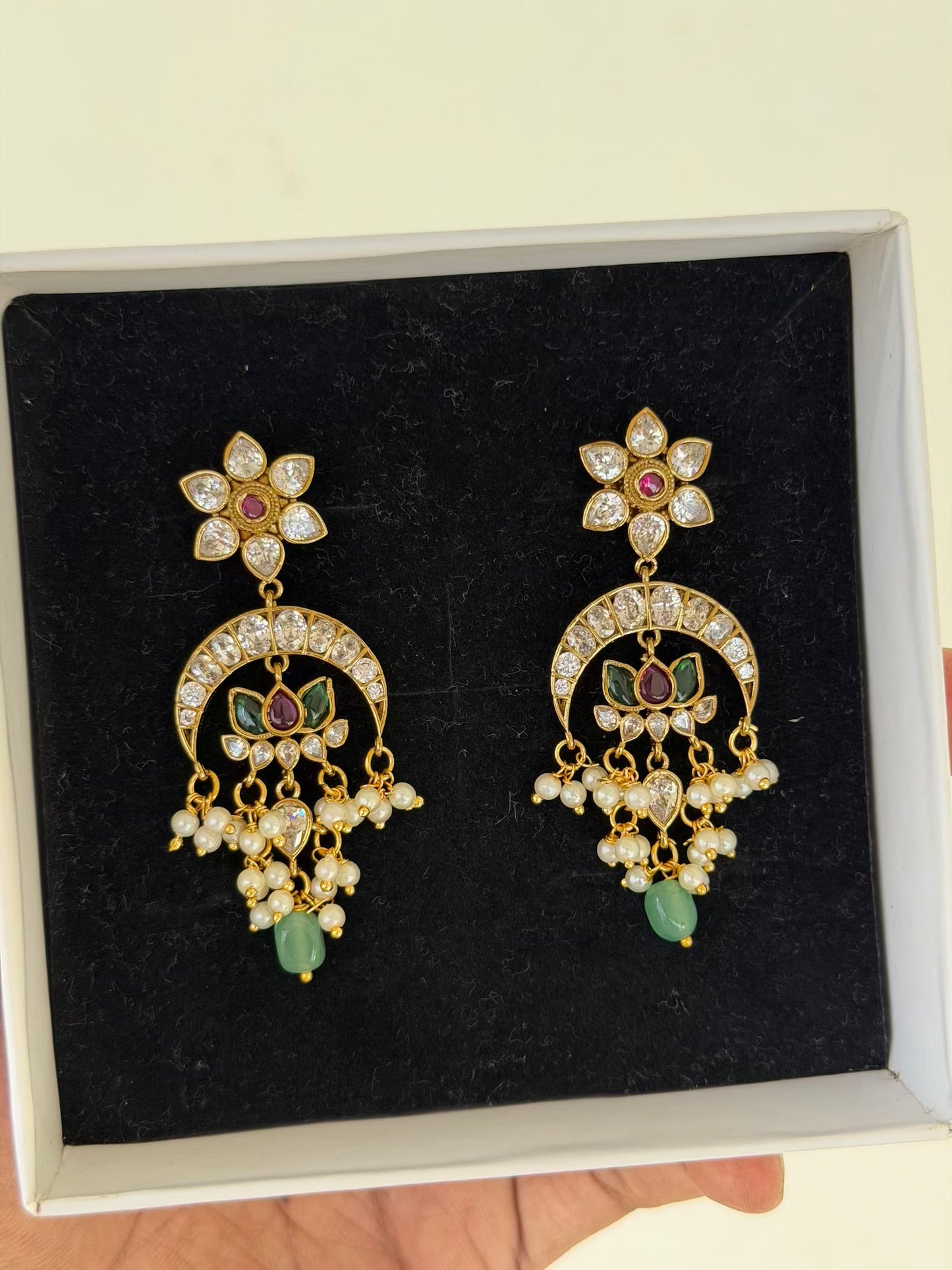 Lotus Chandbali Earrings with Emerald Green Beads & Pearls