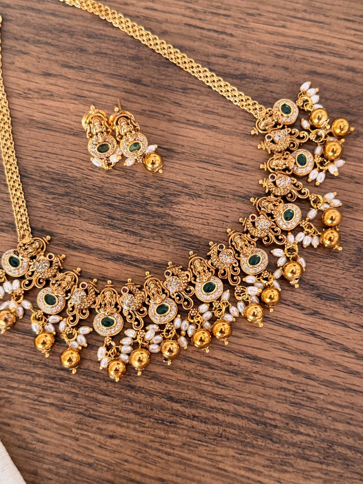 Lakshmi Temple Choker Necklace Set with Earrings – Available in Golden, Green & Pink | Traditional South Indian Jewelry