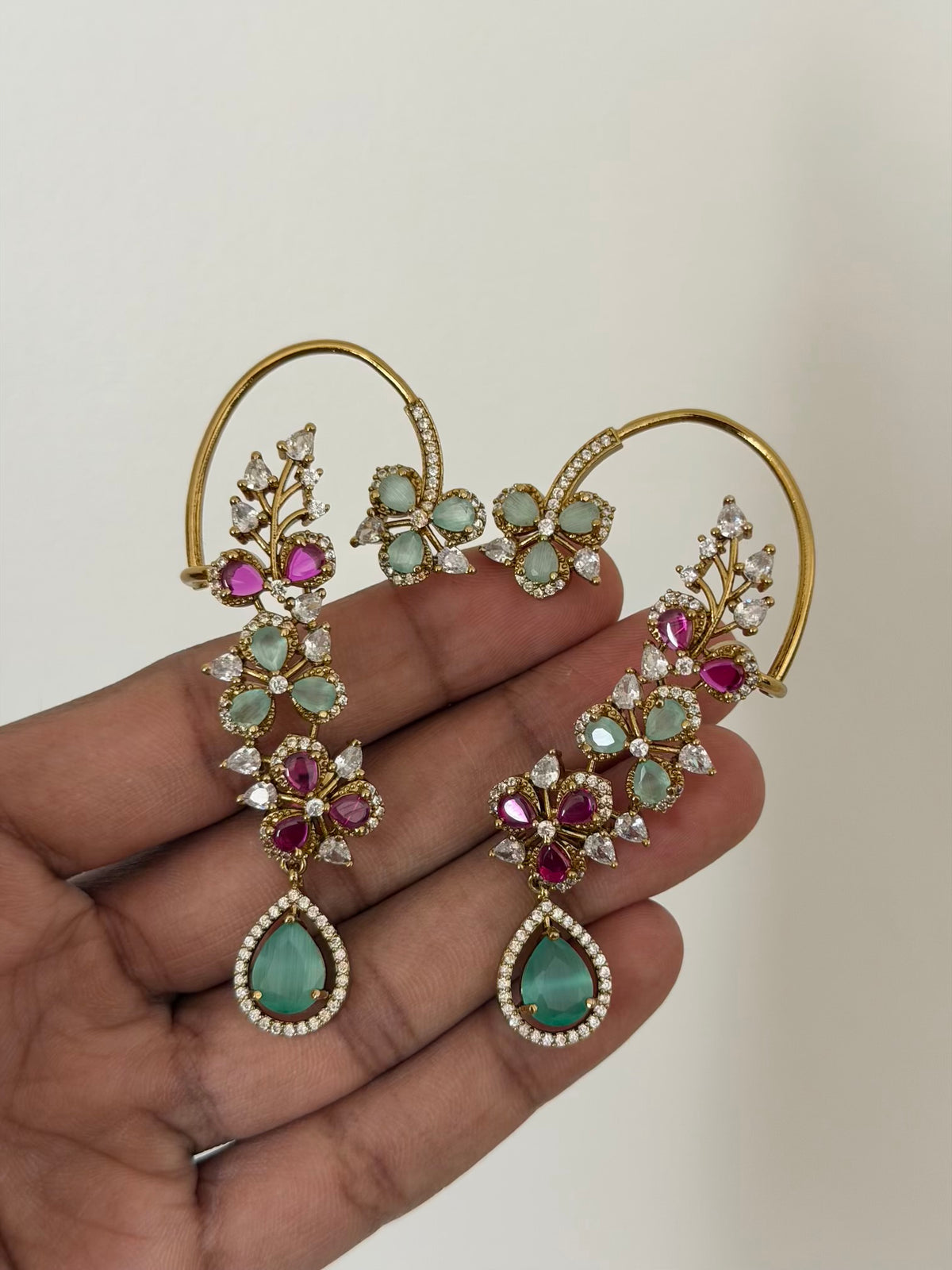 Floral Vine Ear Cuff Earrings with CZ Stones and Teardrop Drop