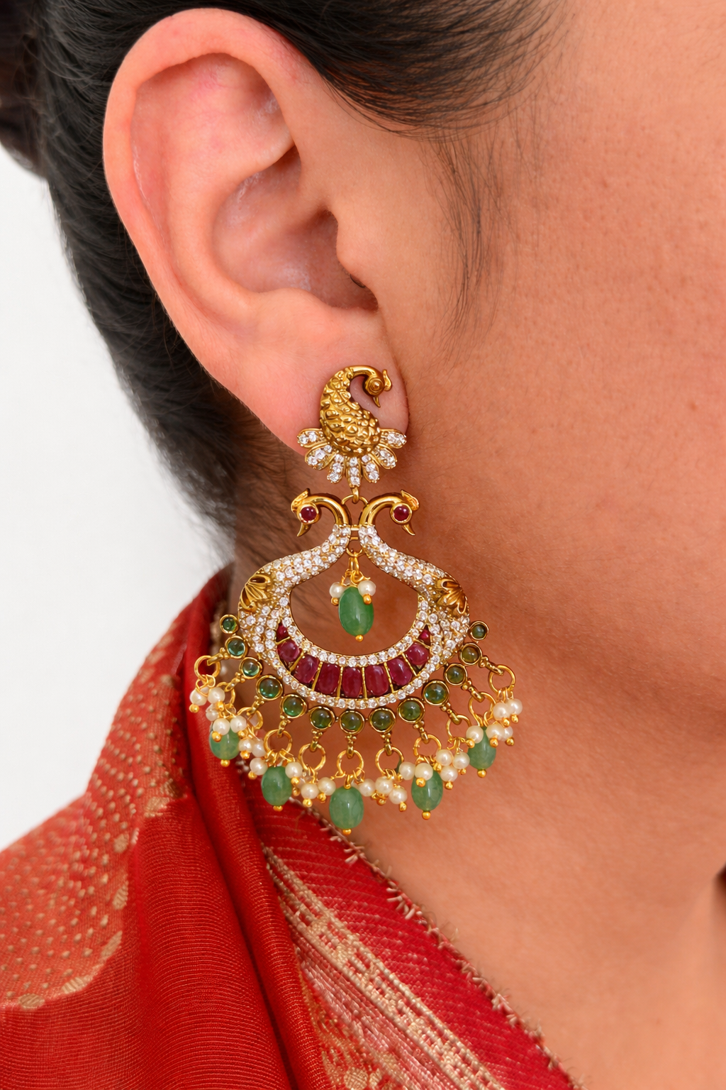 Elegant Peacock Kemp Stone Chaandbali Earrings with Pearl & Green Beads