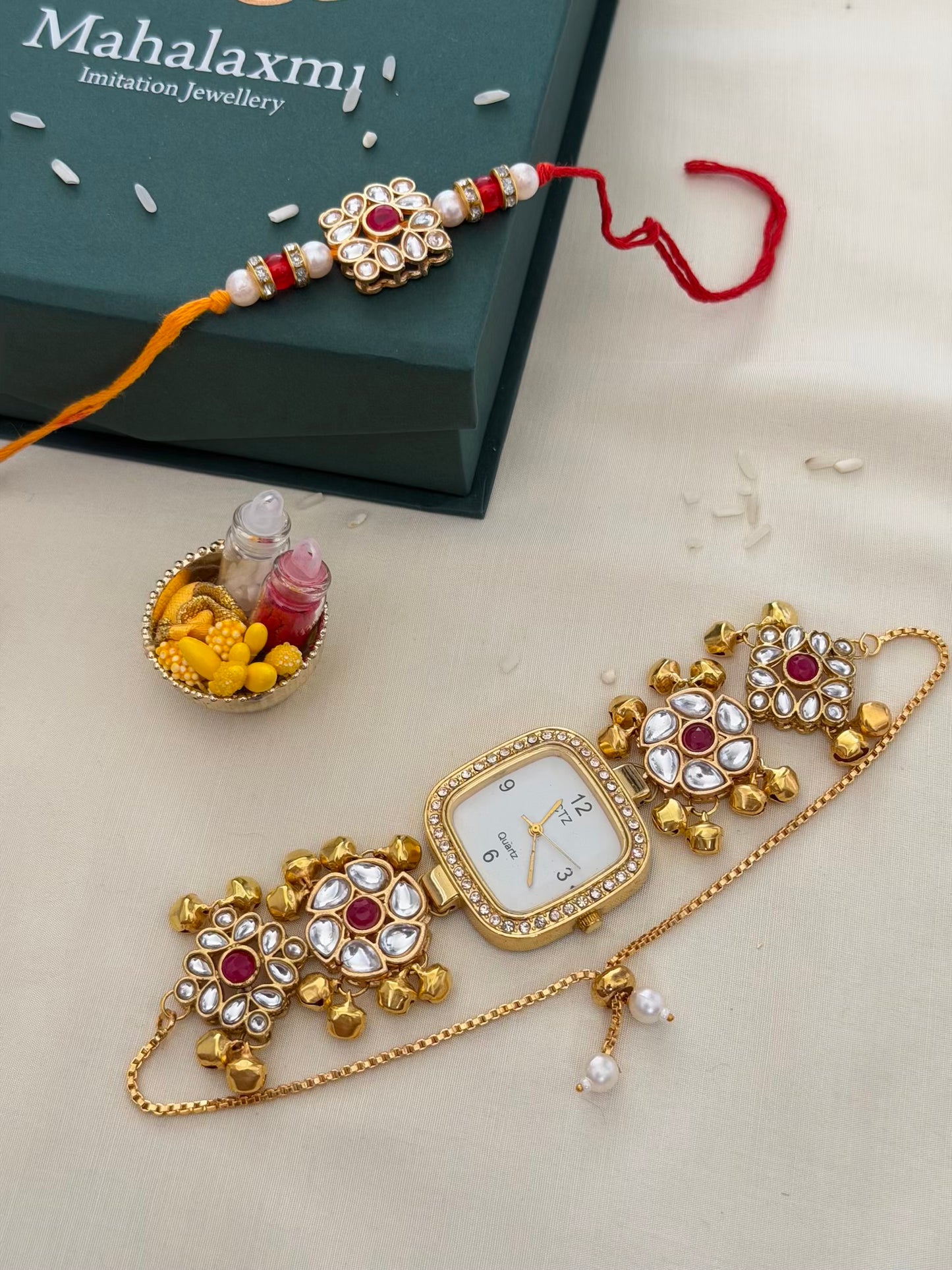 Kundan Rakhi & Square Dial Bracelet Watch Combo – White Stone Floral Design