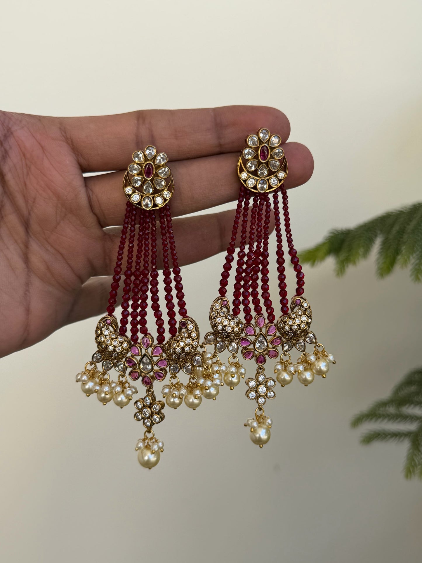 Long Emerald Green Bead Tiered Earrings with Peacock Motif and Pearl Drops