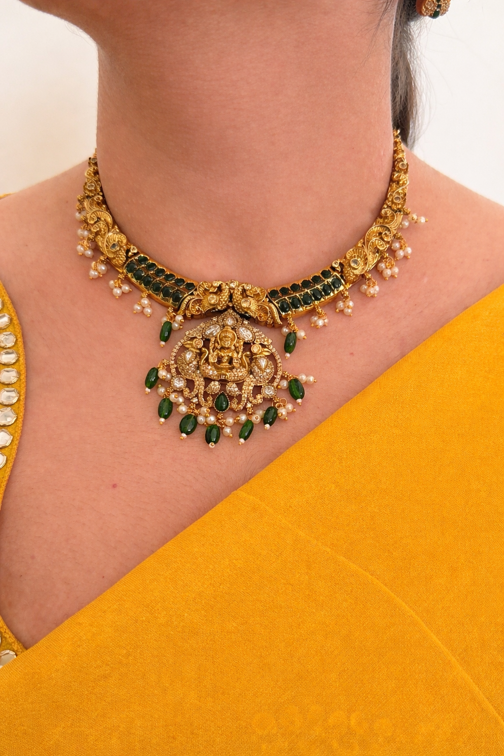 Lakshmi Kanti Necklace with Emerald Accents & Pearl Clusters
