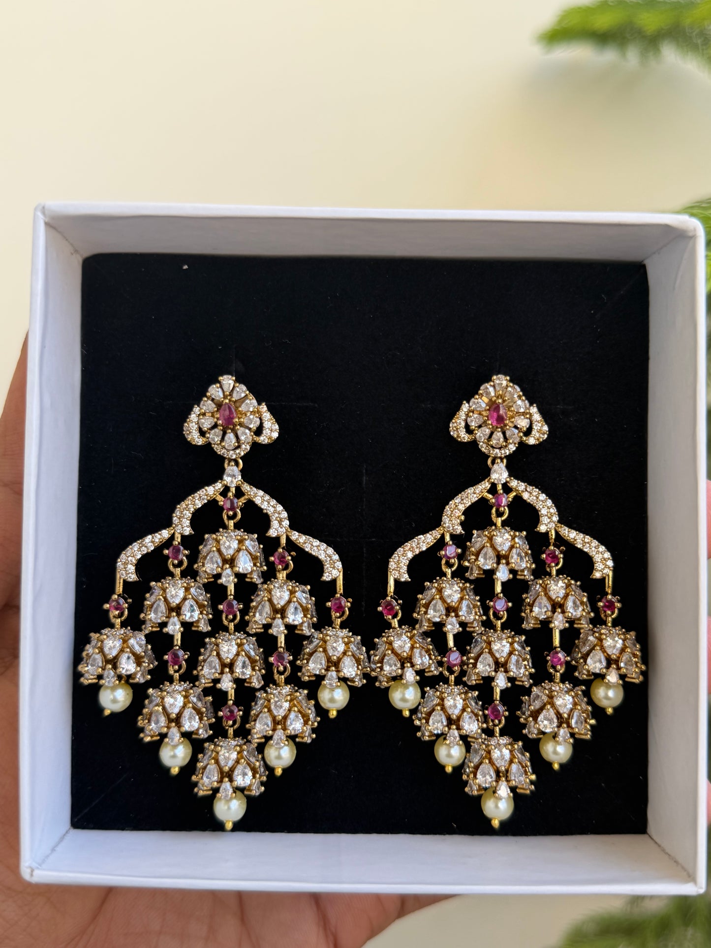 Grand Polki Style AD Chandelier Earrings with Emerald & Pearl Drops
