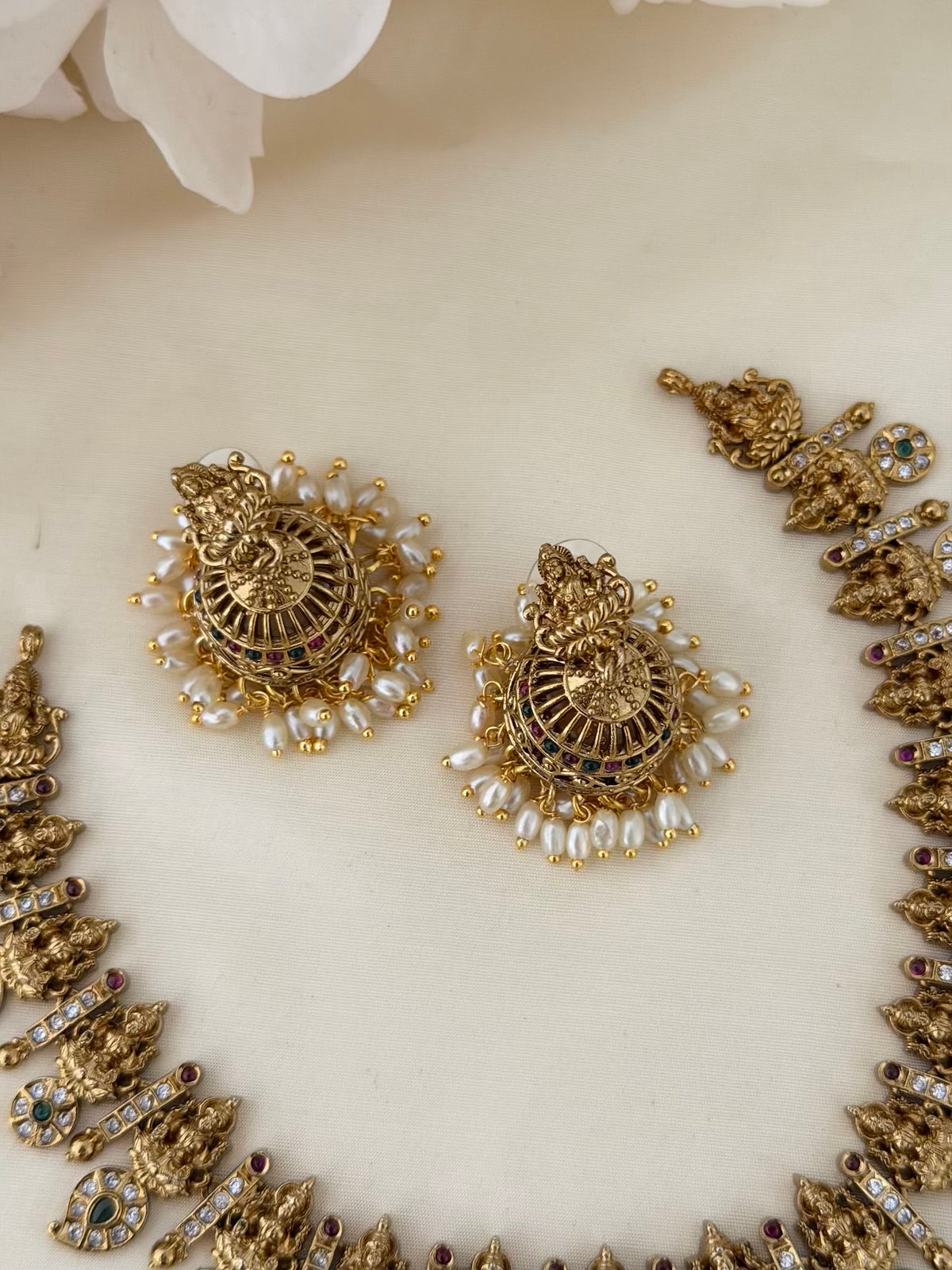 Nakshi Lakshmi Necklace Set with CZ Mango Motifs and Pearl Jhumka Earrings