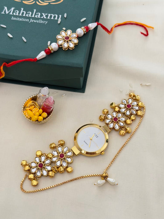 Red Kundan Meenakari Rakhi & White Dial Bracelet Watch Combo