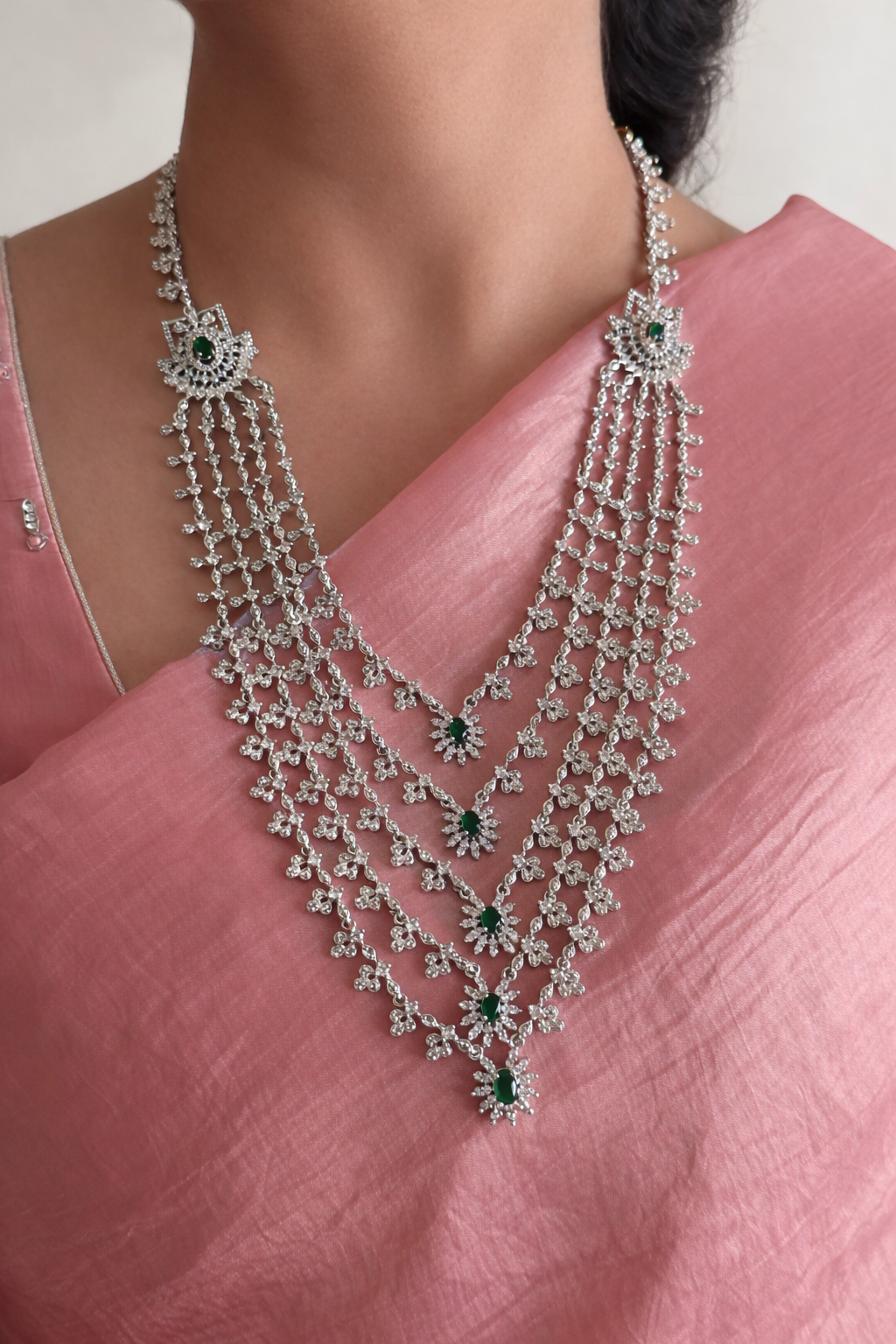Majestic 5-Layer Emerald & CZ Silver-Finish Necklace Set