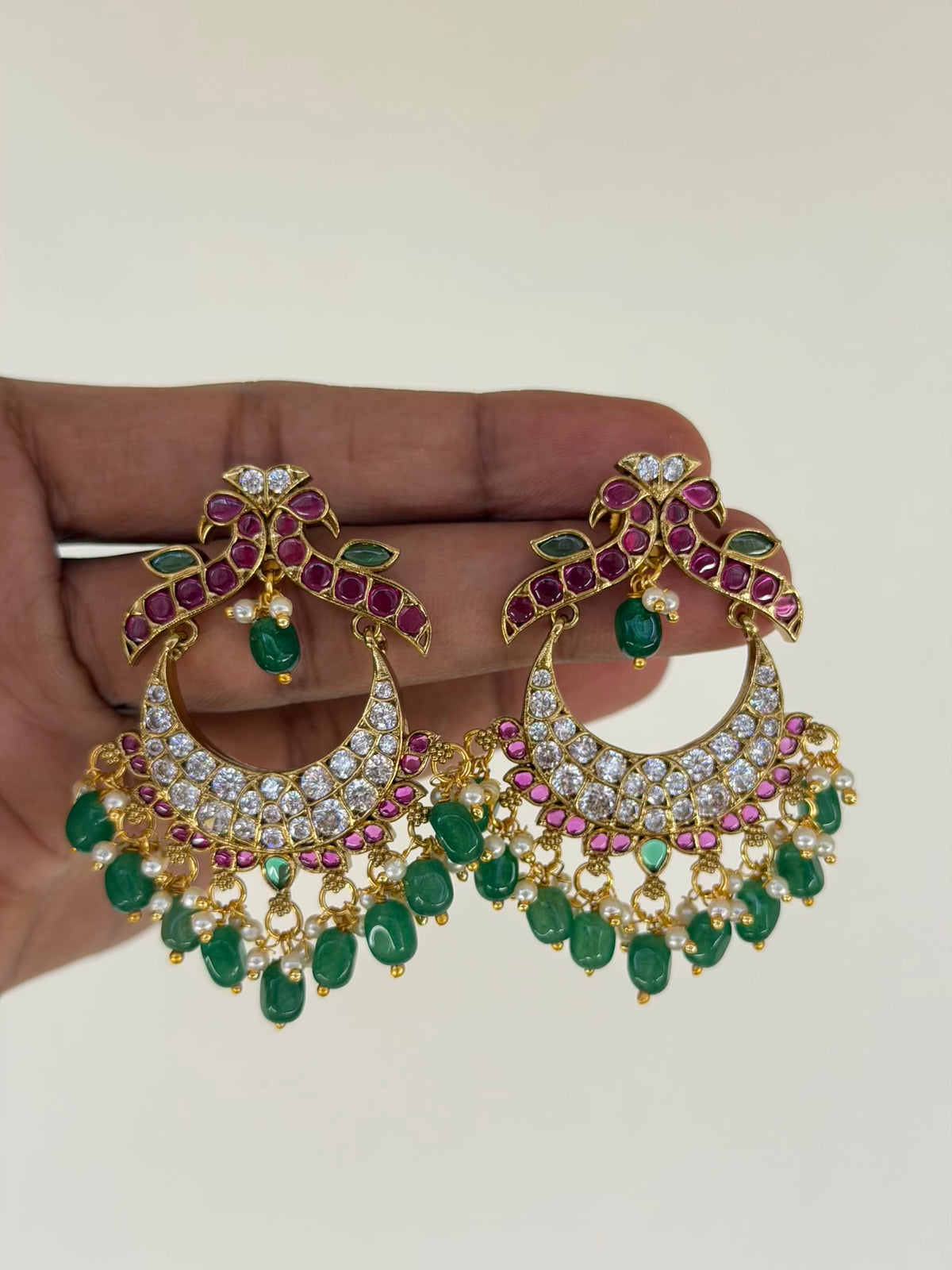 Ruby Kemp Peacock Crown Chaandbali Earrings with Emerald Bead Drops