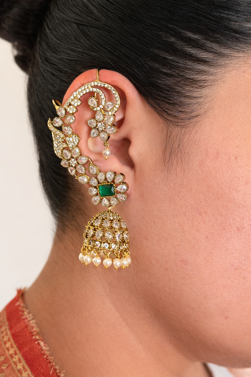 Moissanite Floral Earcuff Jhumka Earrings with Pearls (Ruby & Green)