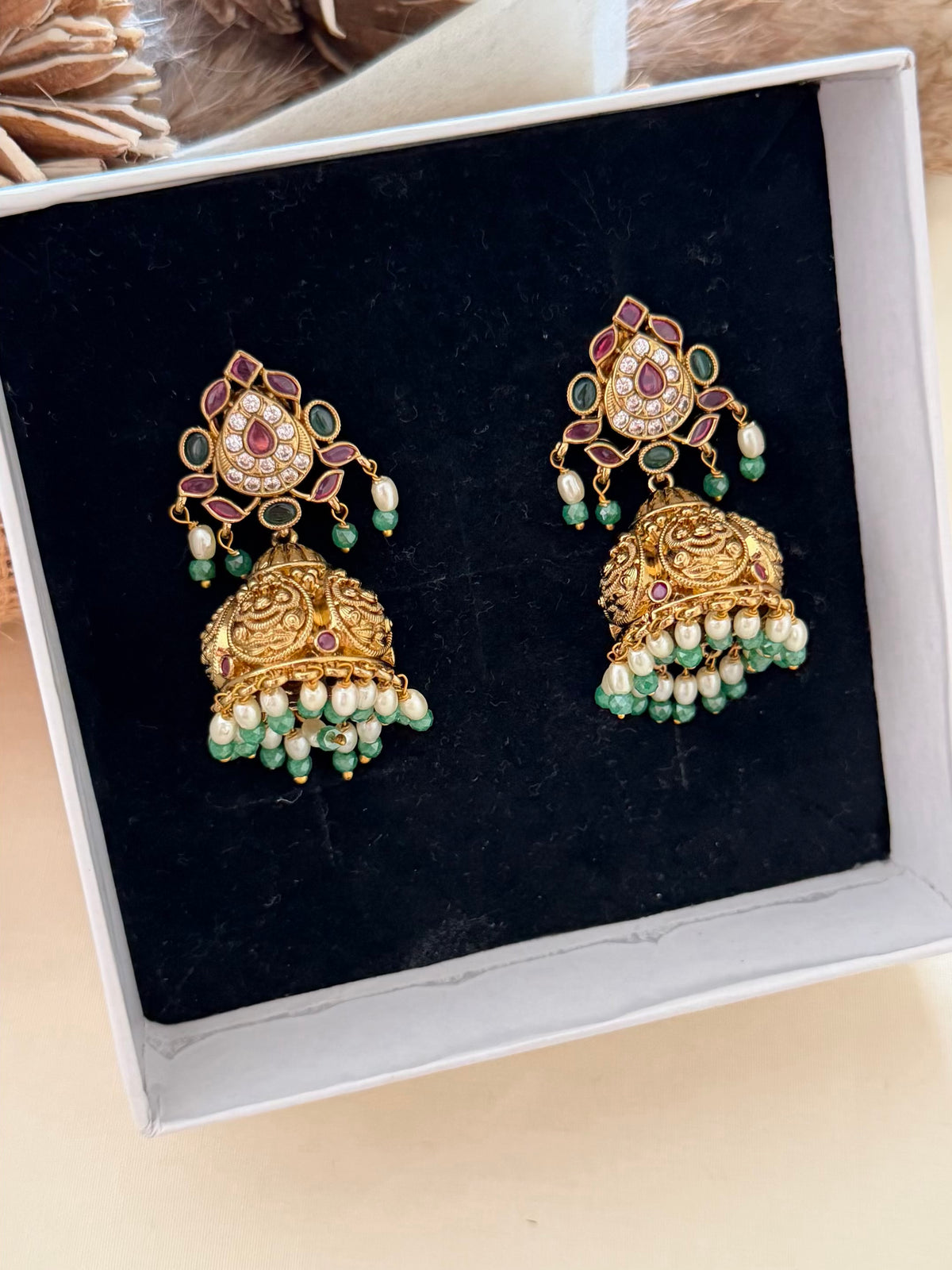 Nakshi Jhumka Earrings with Ruby Paisley Stud and Rice Pearl Drops