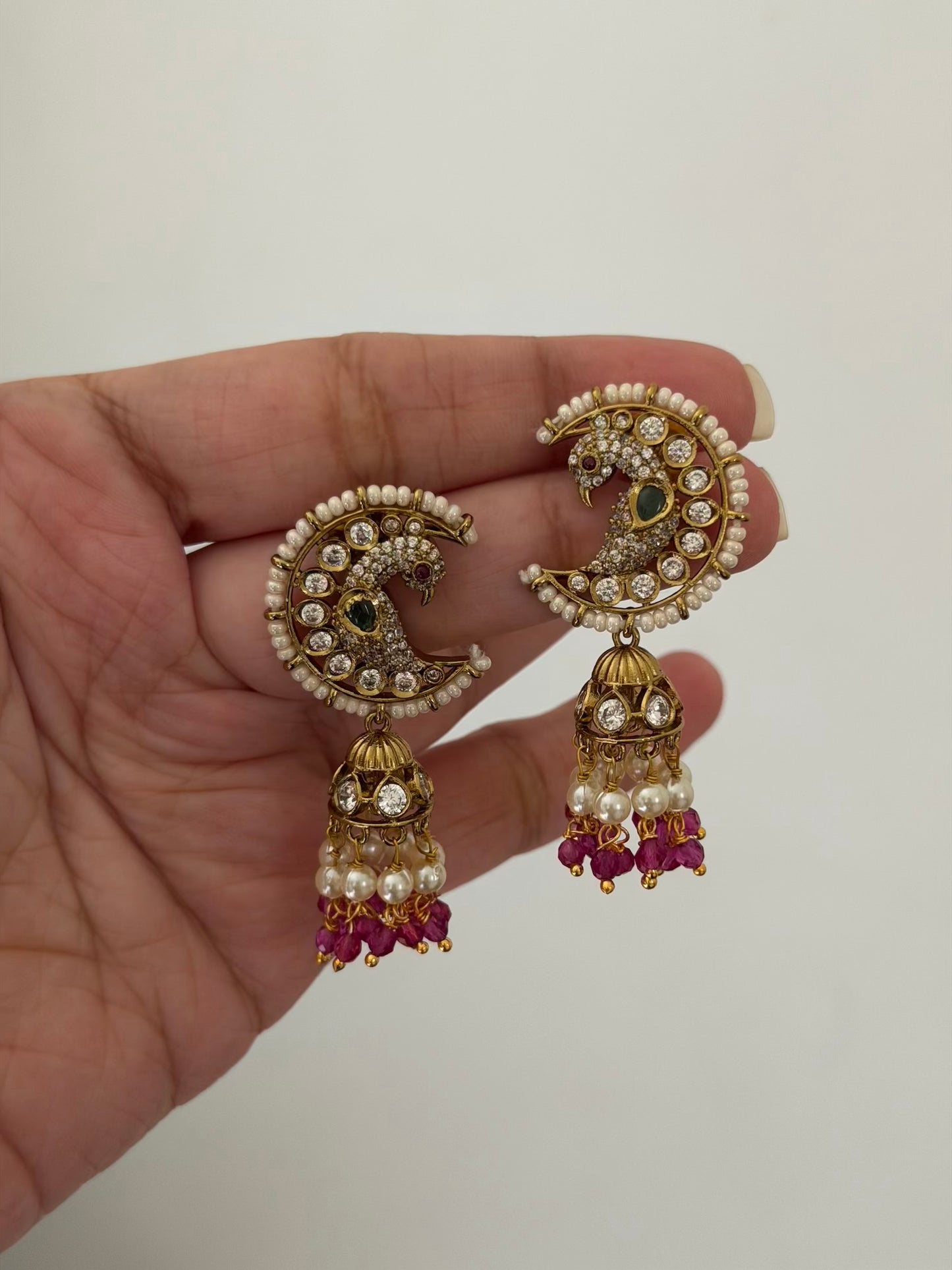 Moon Shaped Peacock Jhumka Earrings
