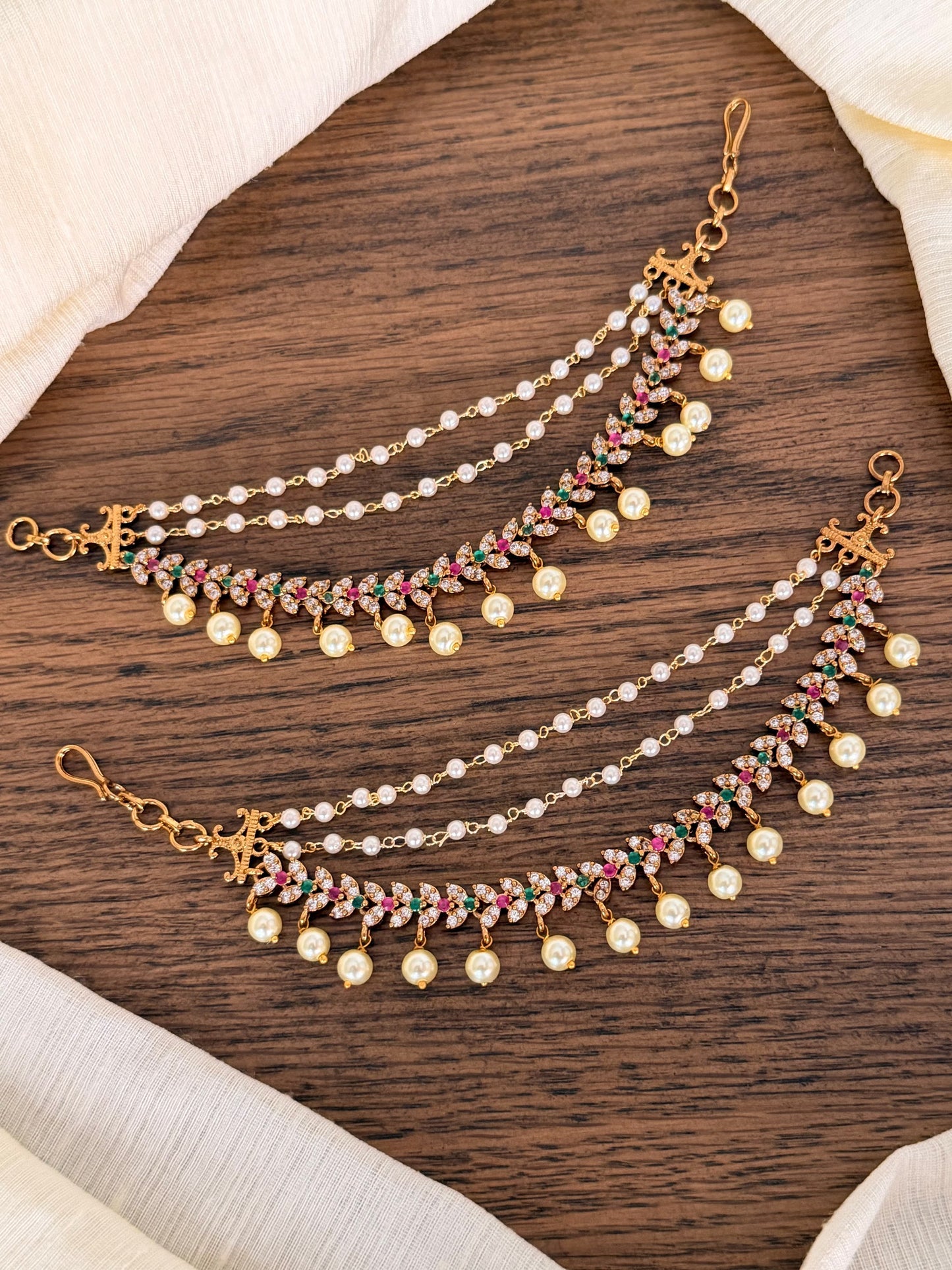Multicolour Pearl Champa Swaralu (Ear Chain) – Antique Gold Finish