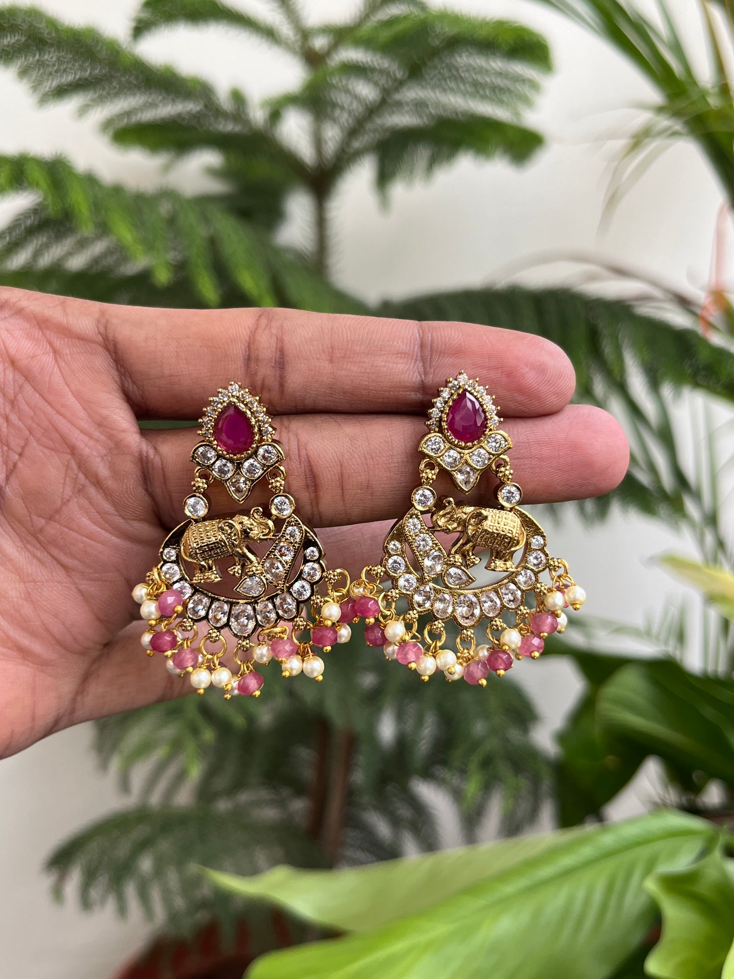Studded Elephant Chaandbali Earrings - Pink and Mint