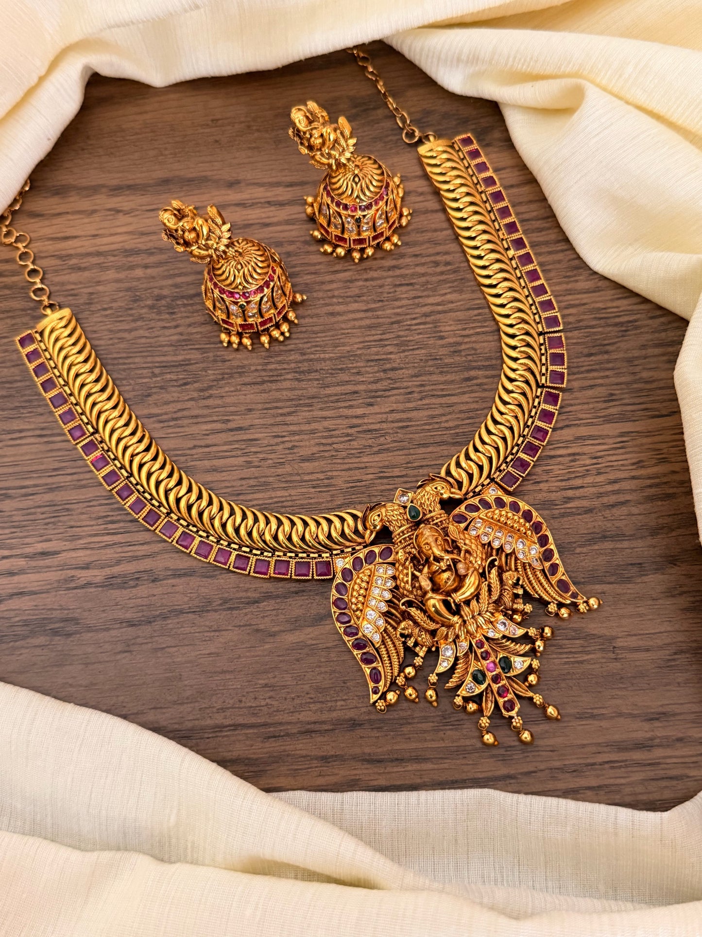 Royal Nakshi Heritage Collection | Antique Grand Ganesh Necklace Sets with Kemp & Kundan Accents