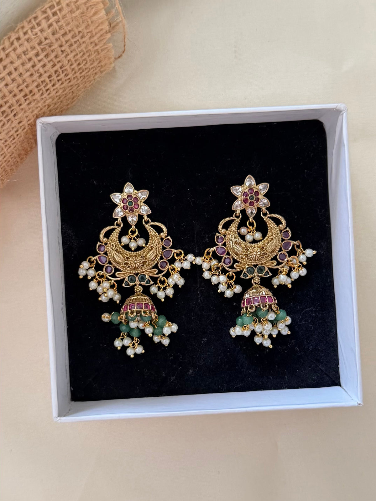 Chaandbali Jhumka Earrings with Ruby Stones, Green Beads and Pearl Drops