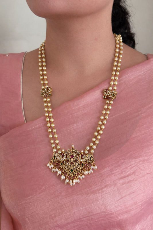 Traditional Kemp and Pearl Long Haram Necklace Set