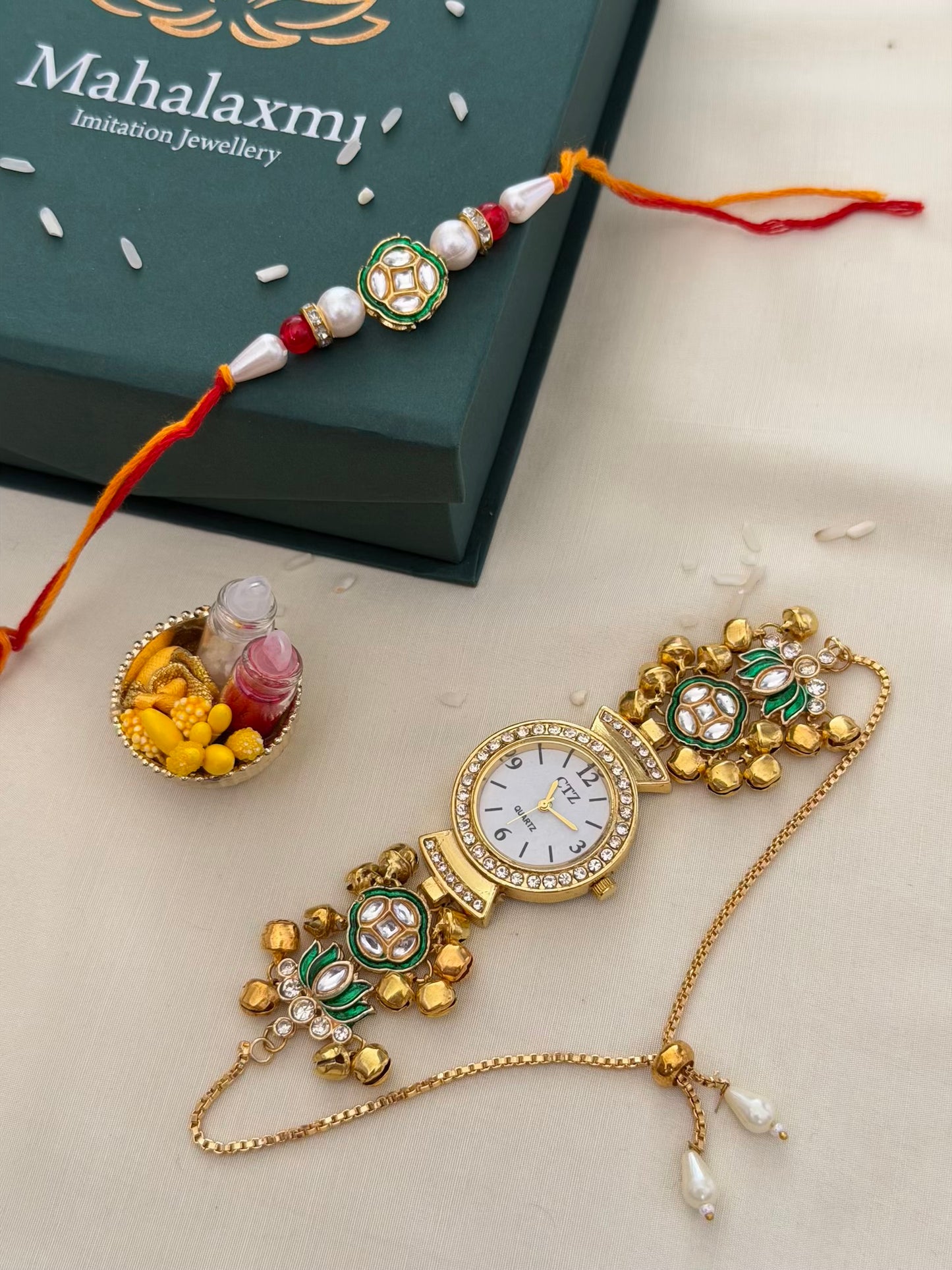 Green Lotus Kundan Meenakari Rakhi & Dial Bracelet Watch Combo – All Red Floral