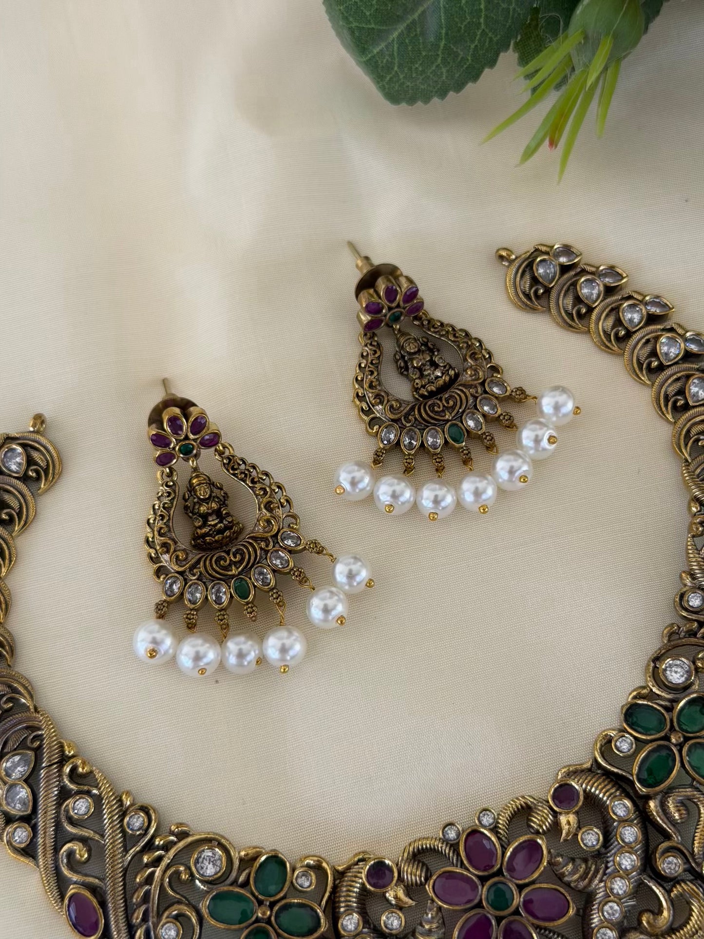 Antique Victorian Floral Lakshmi Necklace Set with Matching Earrings
