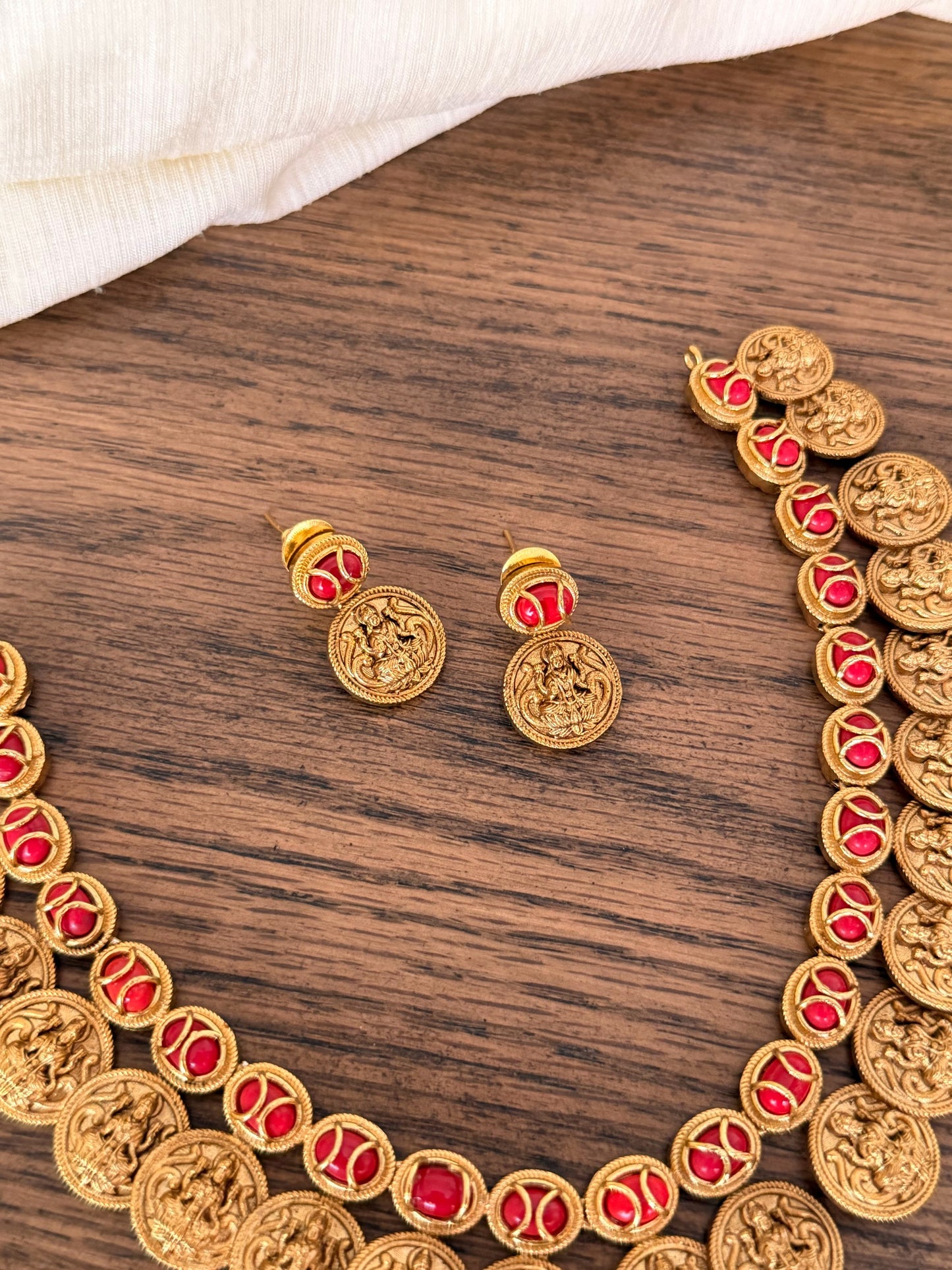 Traditional Coral Motif Coin Necklace Set in Brass – Festive Wear