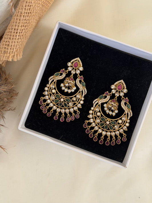 Peacock Chaandbali Earrings with Ruby Drops and Mini Jhumka
