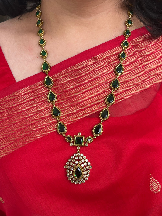 Jyothika Inspired Long Haram – Emerald Green Stones – With Earrings