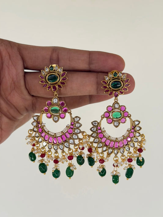 Floral Ruby Emerald Kundan Chaandbali Earrings with Pearl and Bead Tassels