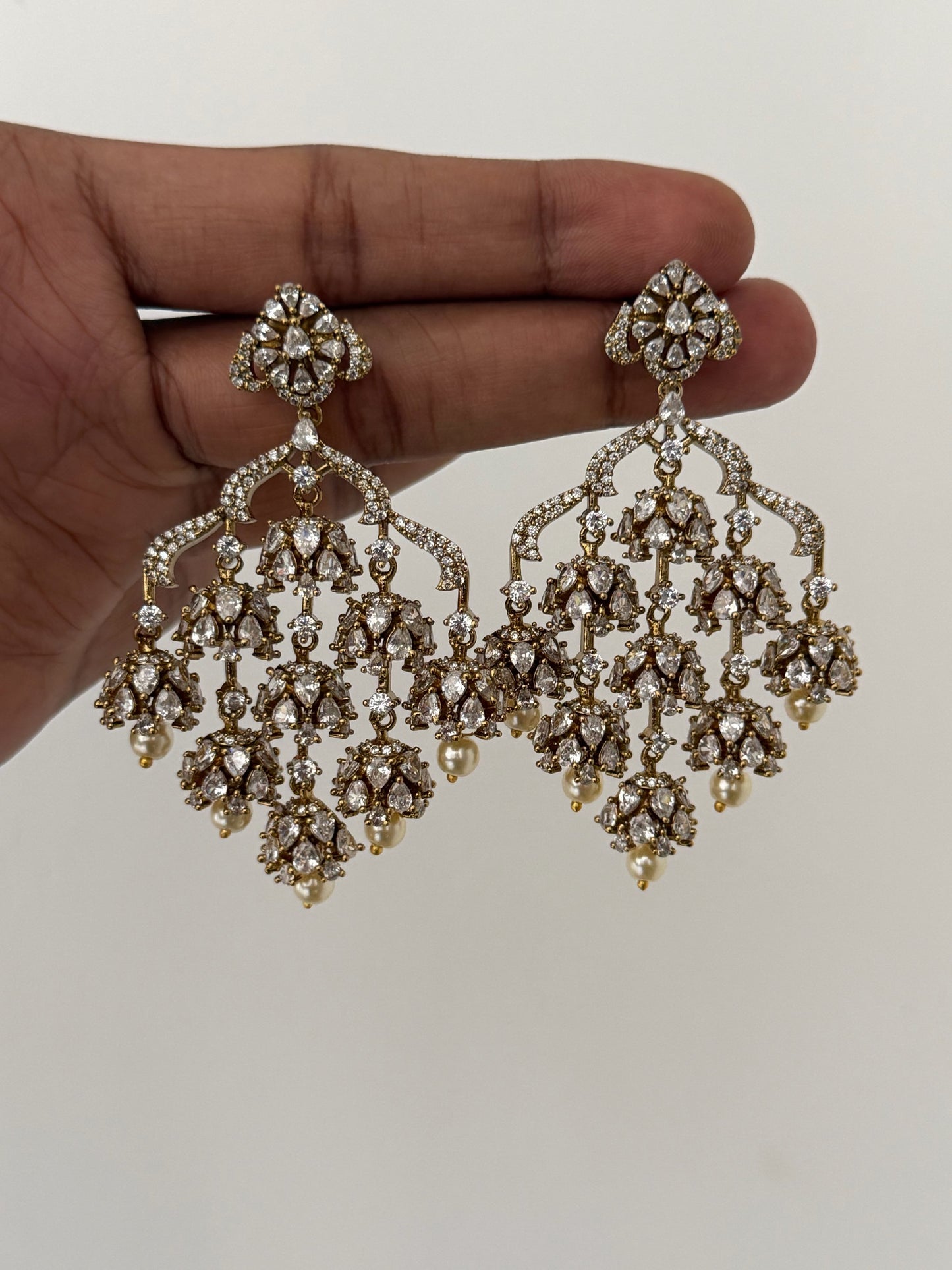 Grand Polki Style AD Chandelier Earrings with Emerald & Pearl Drops