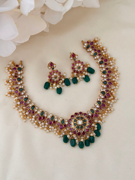Kemp Lotus Pendant Necklace Set with Pearl Clusters and Emerald Beads
