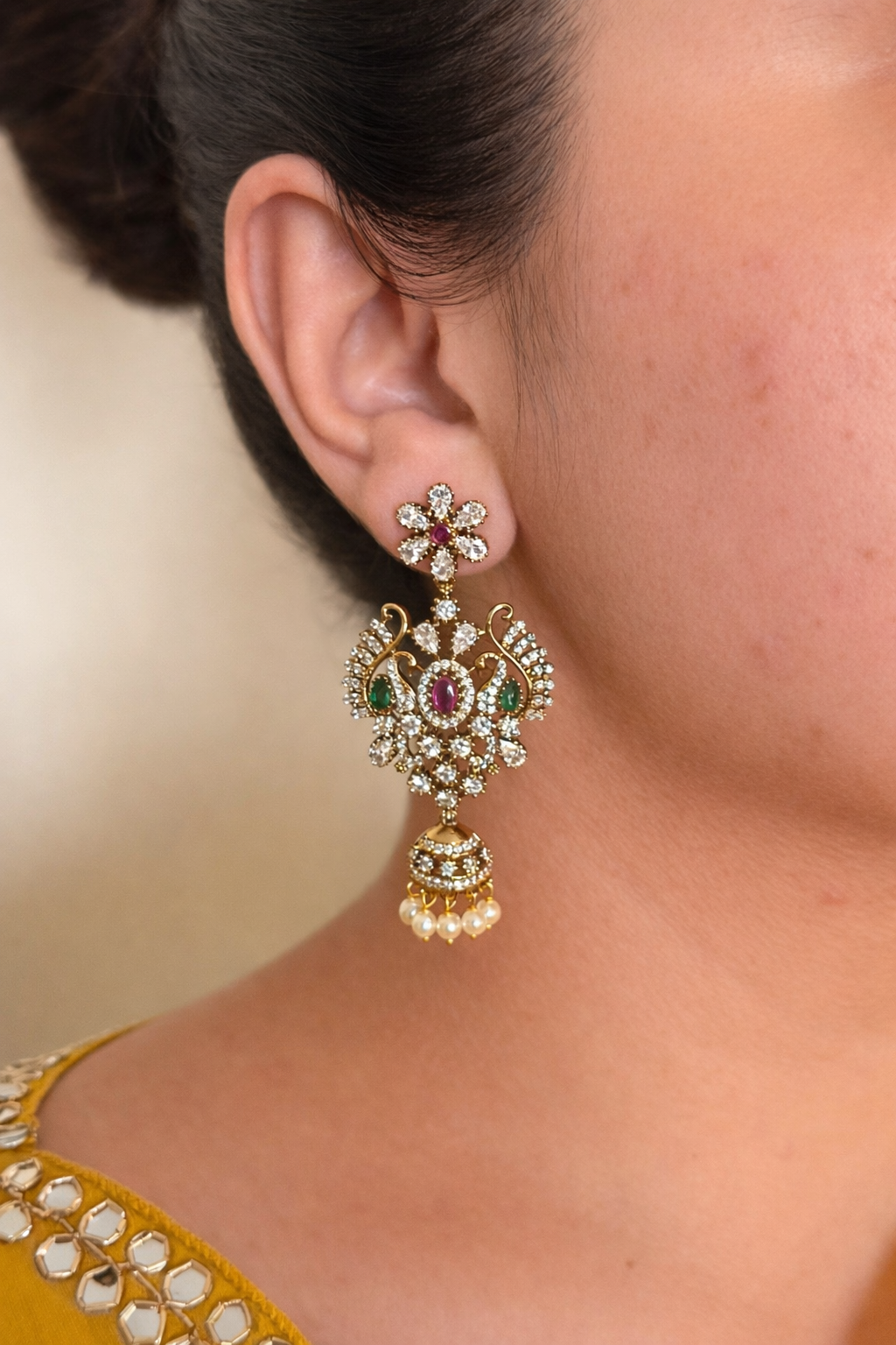 Peacock CZ Jhumka Drop Earrings
