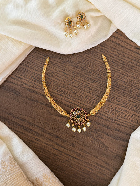 Antique Gold Finish Floral Choker Set with Kemp Stones & Pearl Drops - Temple Jewellery