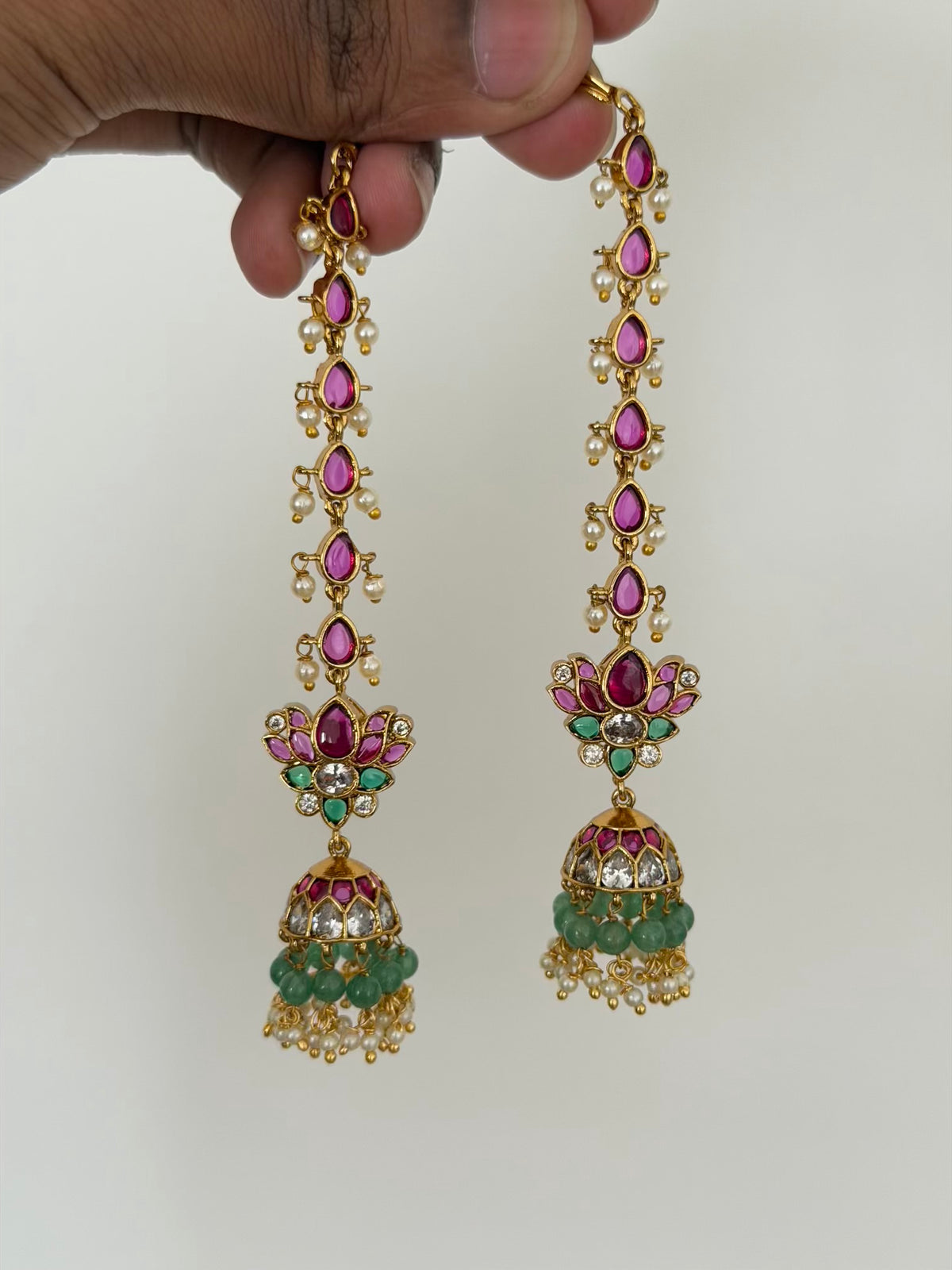 Lotus Jhumka Earrings with Long Ruby Teardrop Maatal and Mint Green Bead Drops