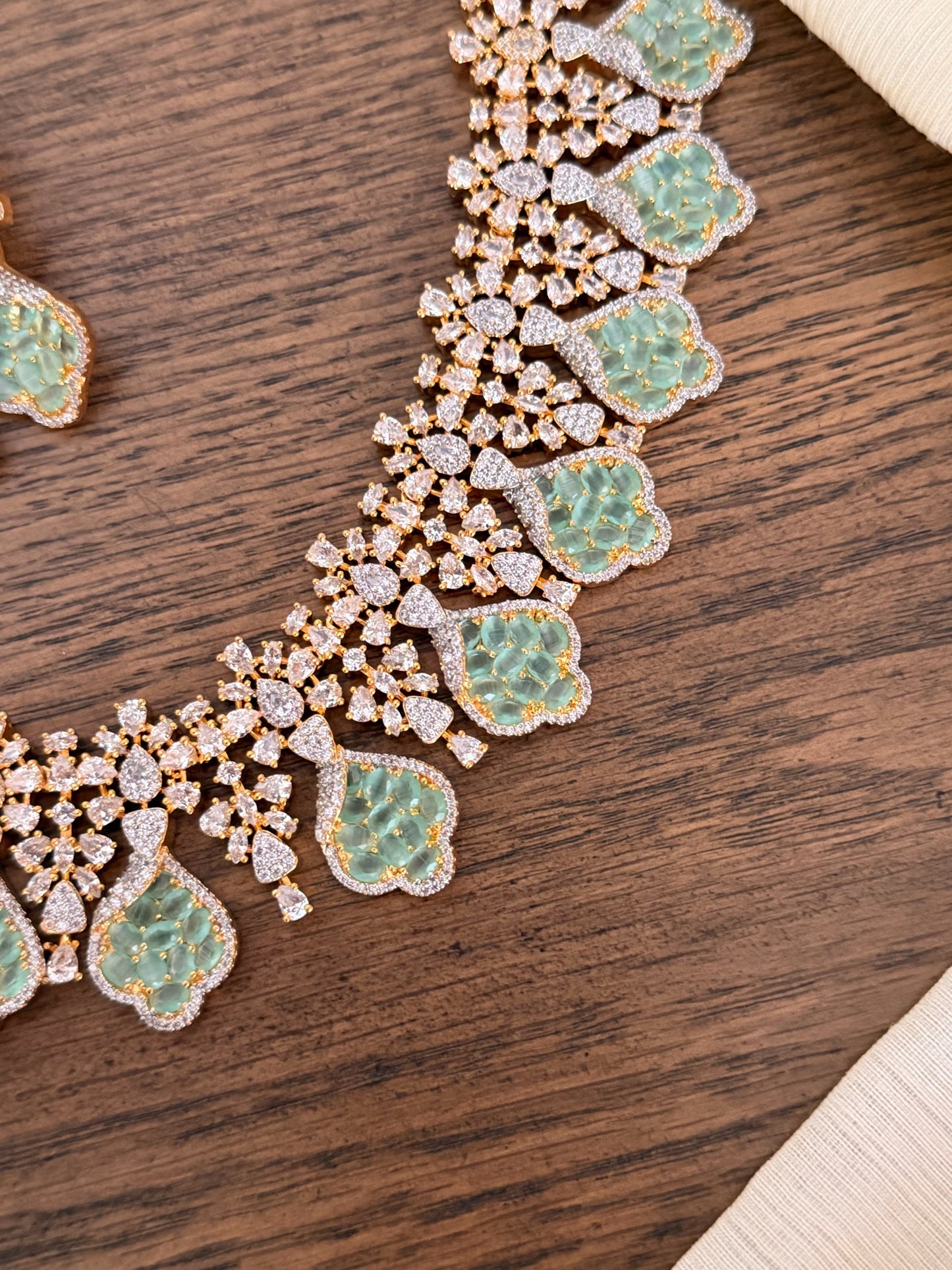 Designer Mint Green Stone & Necklace Set - Silver/Gold Polish Party Wear