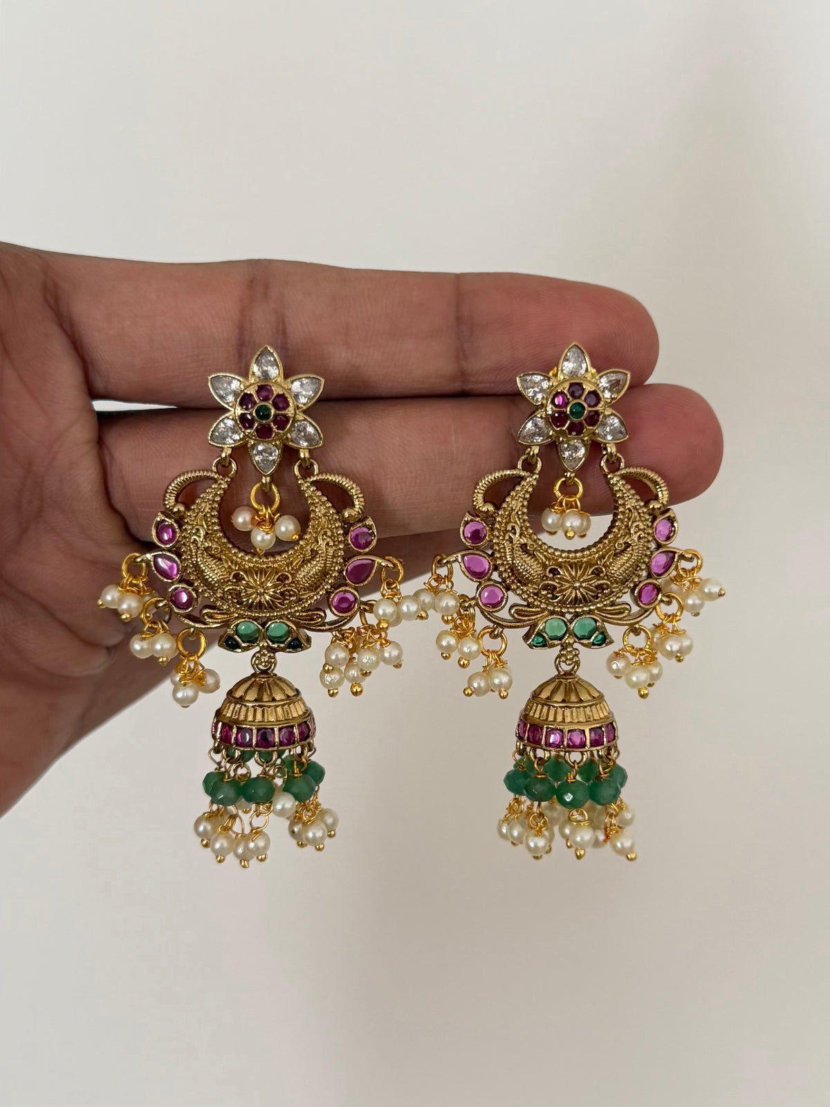 Chaandbali Jhumka Earrings with Ruby Stones, Green Beads and Pearl Drops
