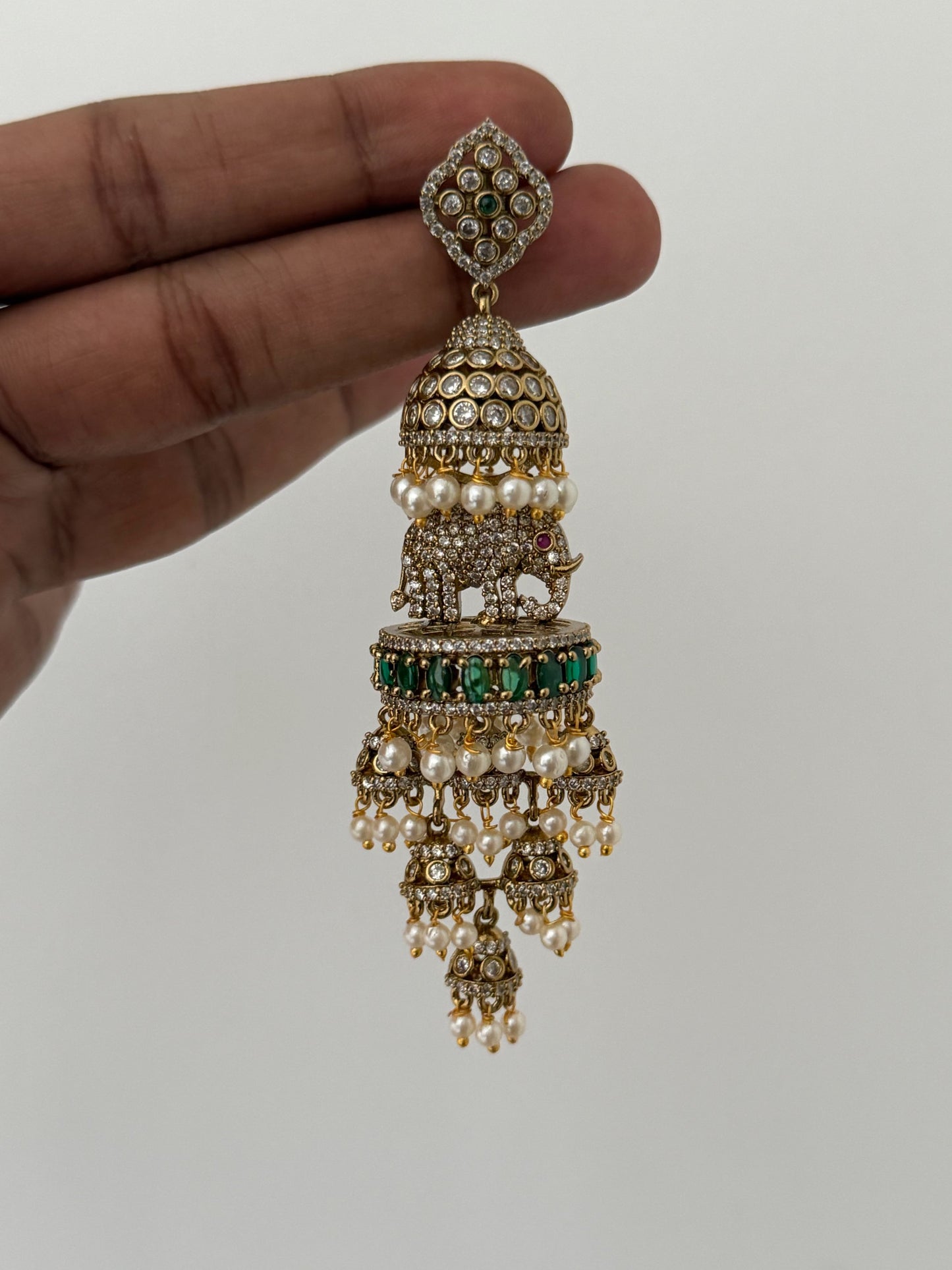 Royal Elephant Multi-Tier Jhumka Earrings – Premium Lightweight Grandeur with Emerald & Pearl Drops