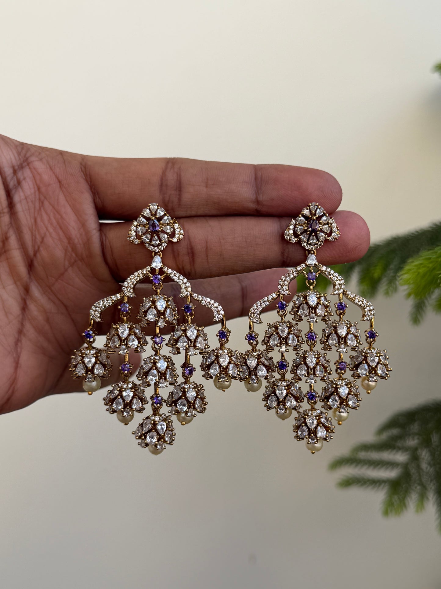 Grand Polki Style AD Chandelier Earrings with Emerald & Pearl Drops