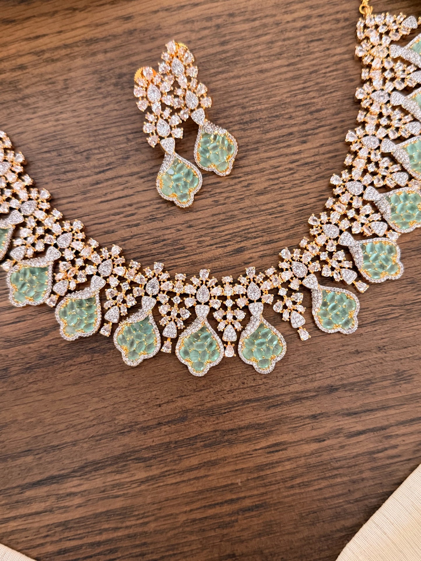 Designer Mint Green Stone & Necklace Set - Silver/Gold Polish Party Wear