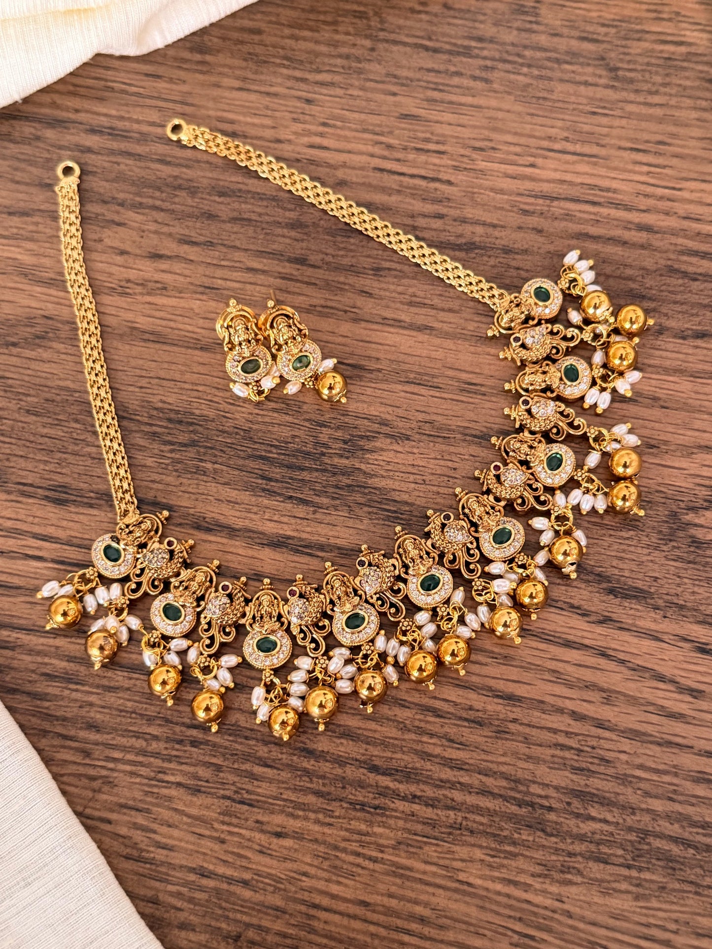 Lakshmi Temple Choker Necklace Set with Earrings – Available in Golden, Green & Pink | Traditional South Indian Jewelry