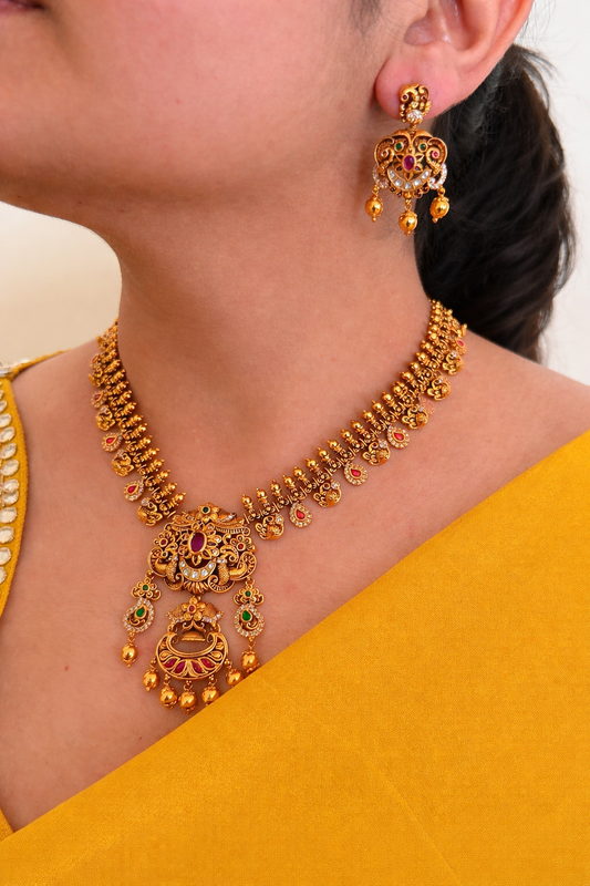 Royal Peacock Nakas Jewelry Set | Handcrafted Antique Gold Floral Necklace with Matching Earrings