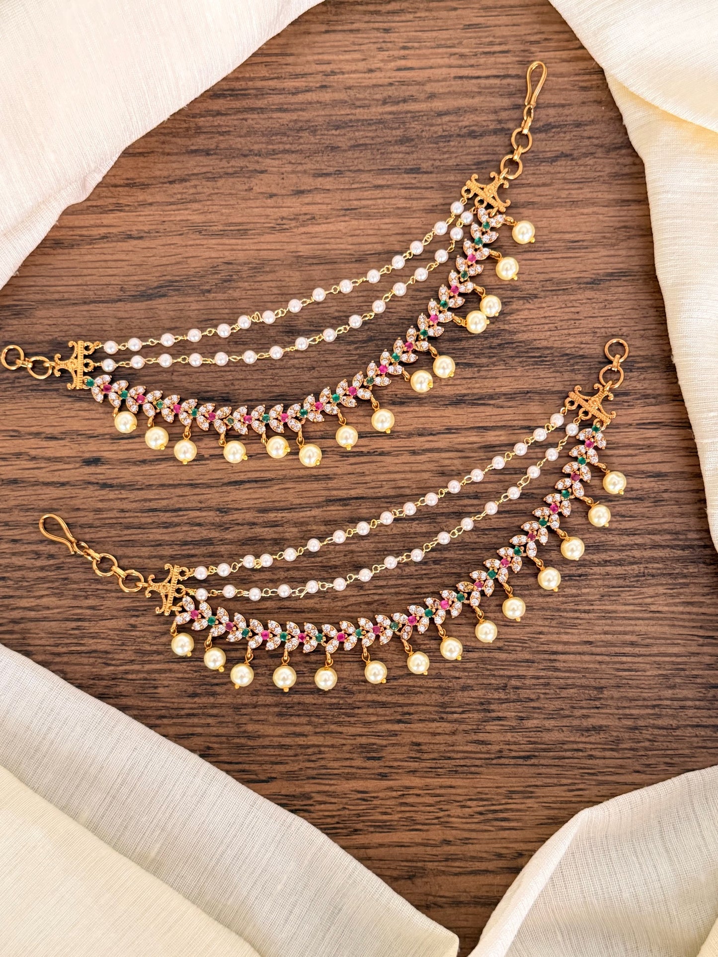 Multicolour Pearl Champa Swaralu (Ear Chain) – Antique Gold Finish