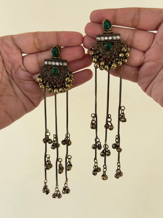 Oxidised Fan Medallion Long Chain Earrings with Ghungroo Tassels