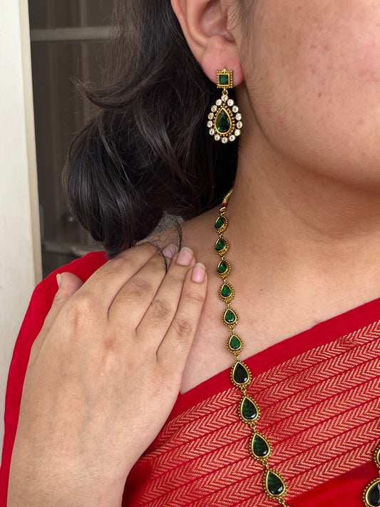 Jyothika Inspired Long Haram – Emerald Green Stones – With Earrings