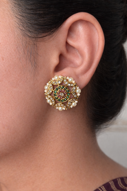Luxury Floral Round Studs with Premium Finish Pearls