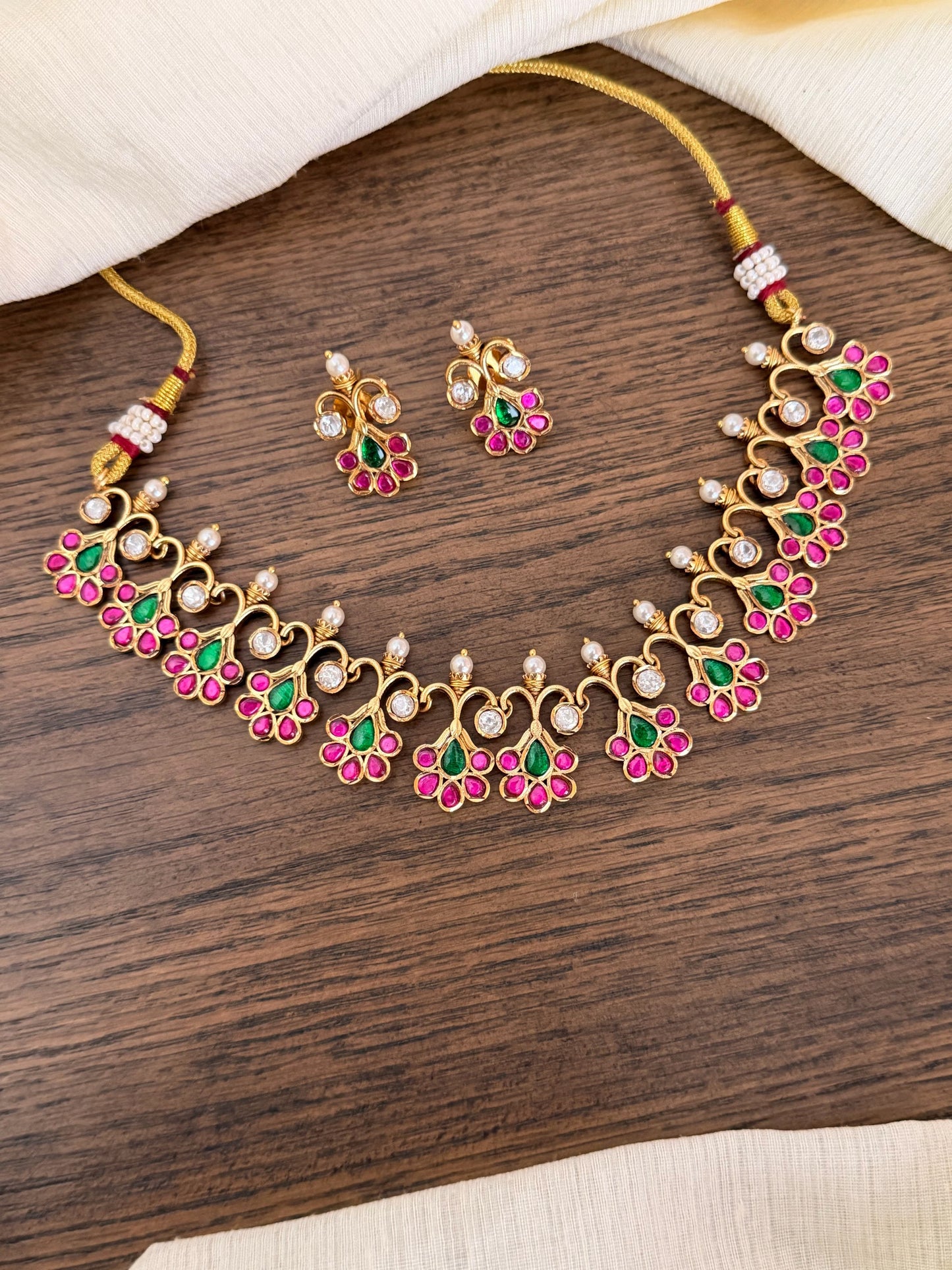 Lightweight Jadau Kundan Necklace Set with Ruby & Emerald Paisley Motifs