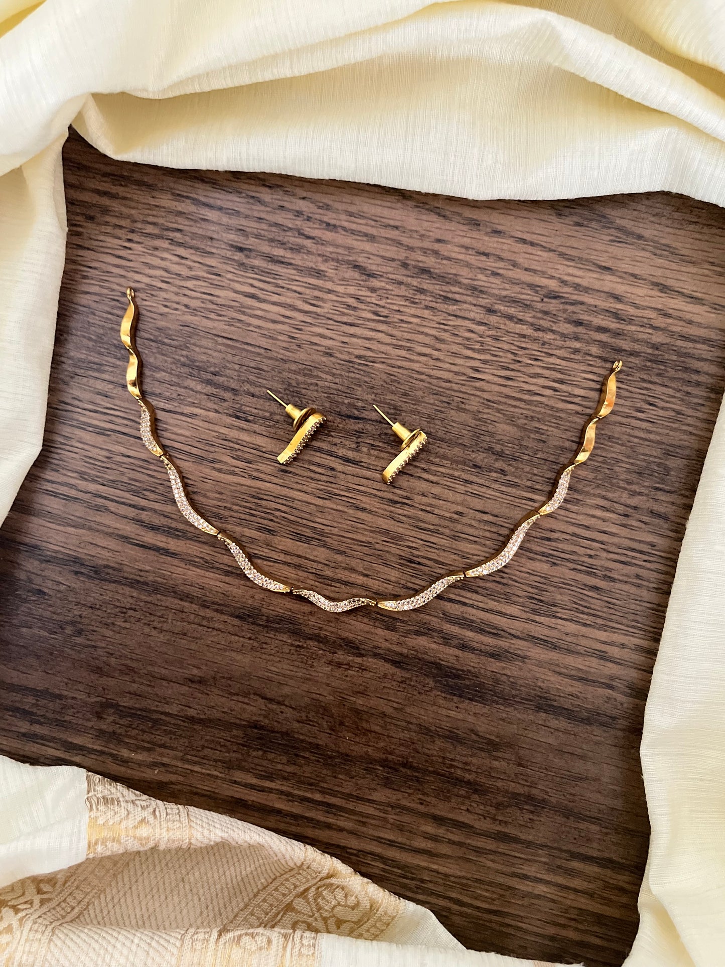 Sleek Wave-Design Gold Plated Necklace with Earrings | Minimalist Daily Wear Jewellery