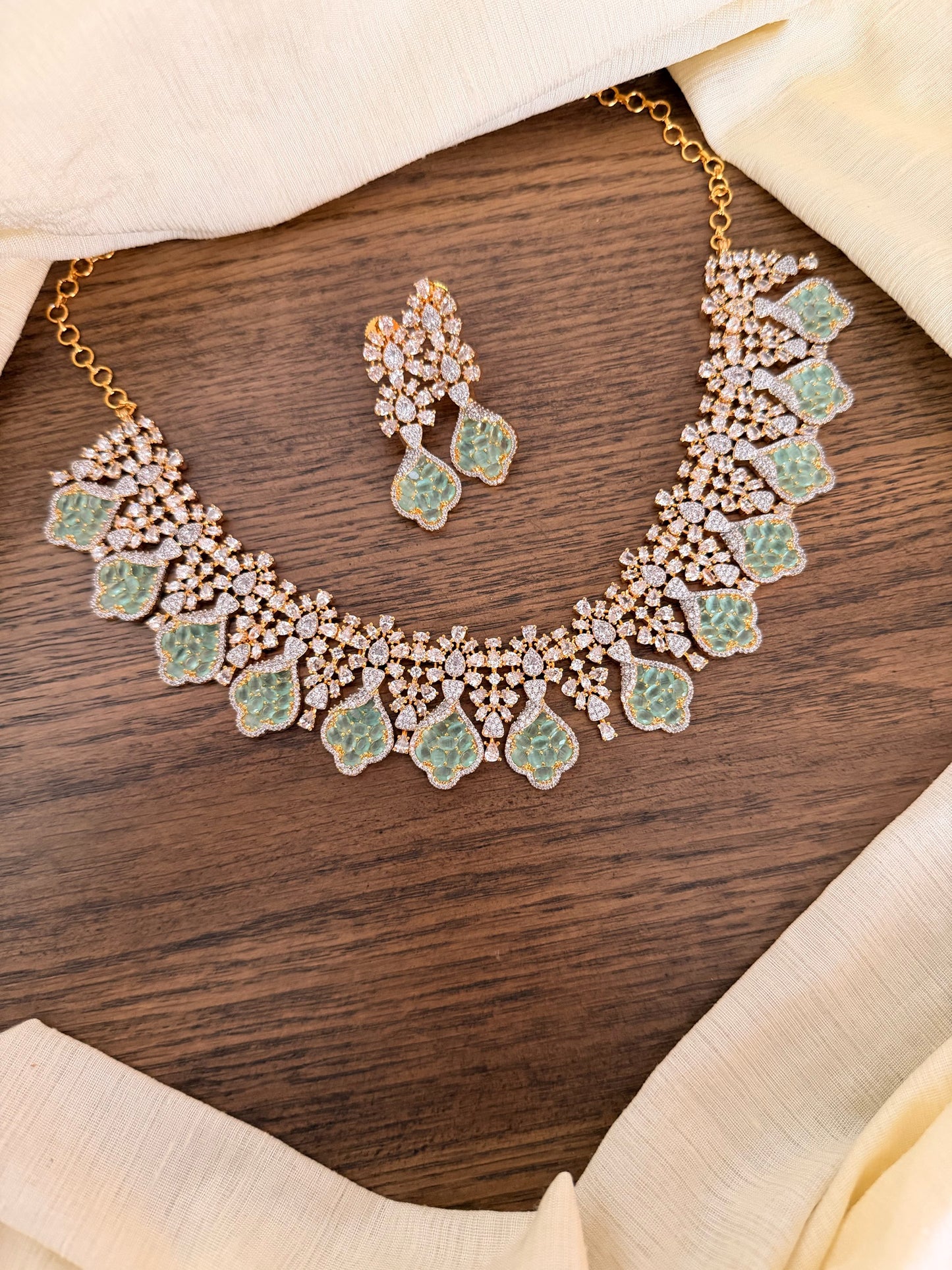 Designer Mint Green Stone & Necklace Set - Silver/Gold Polish Party Wear