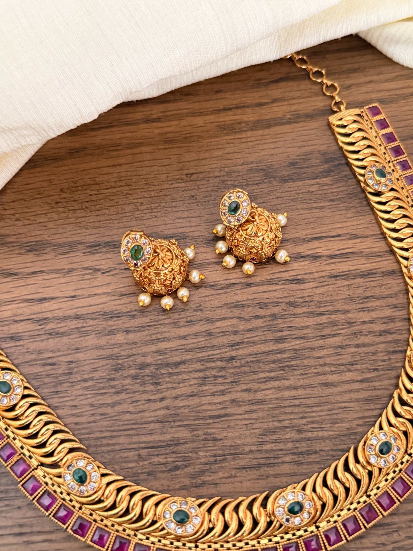 Traditional Jalebi Design Antique Gold Necklace Set with Ruby & Emerald Stones