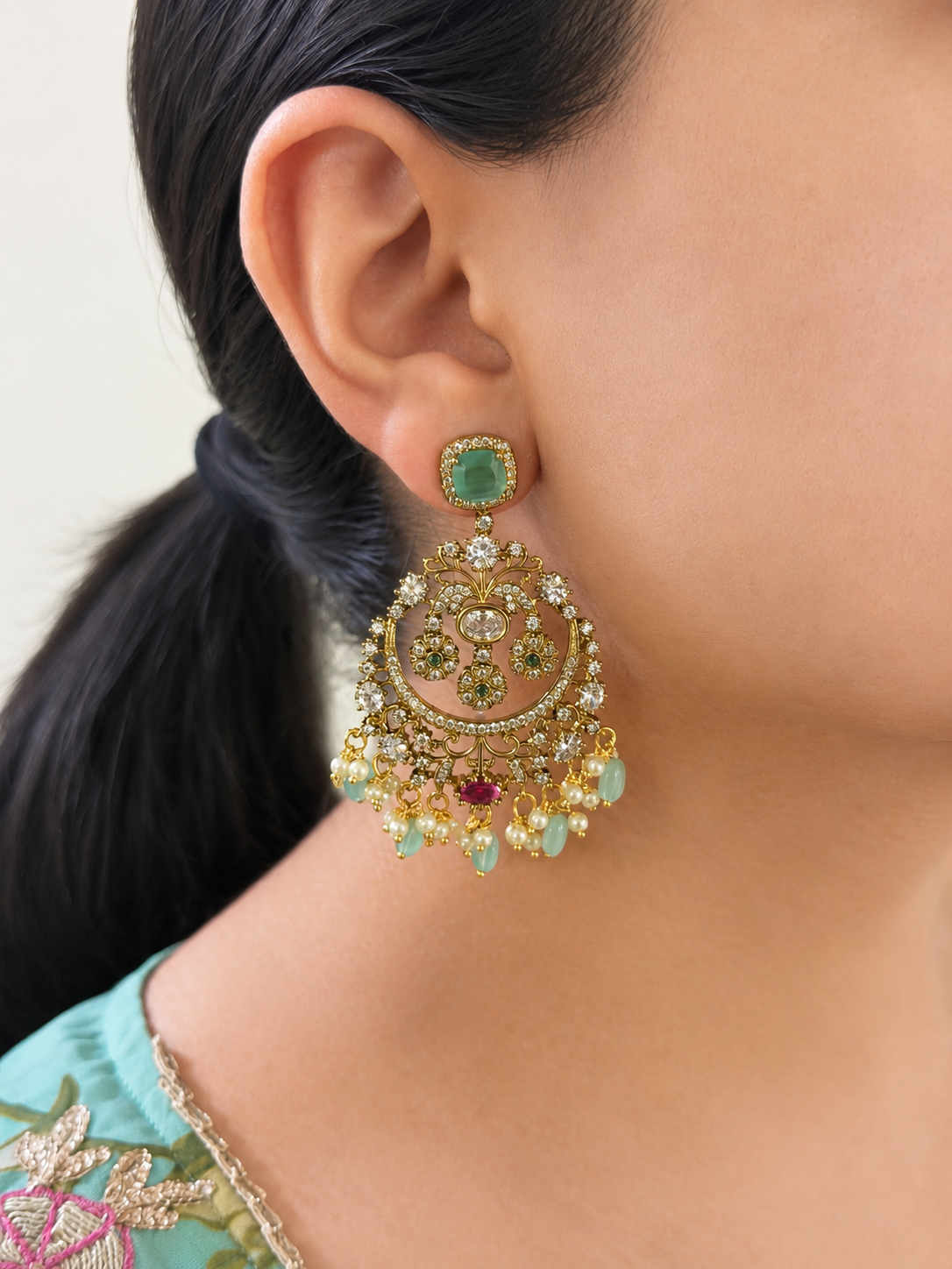 Moissanite Chaandbali Earrings with Pearls & Green Monalisa Beads