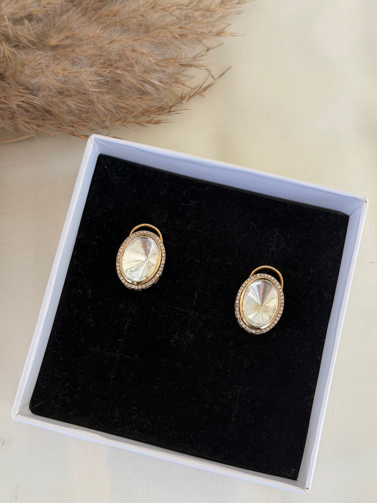 Kundan Oval Halo Stud Earrings in Gold-Tone Setting
